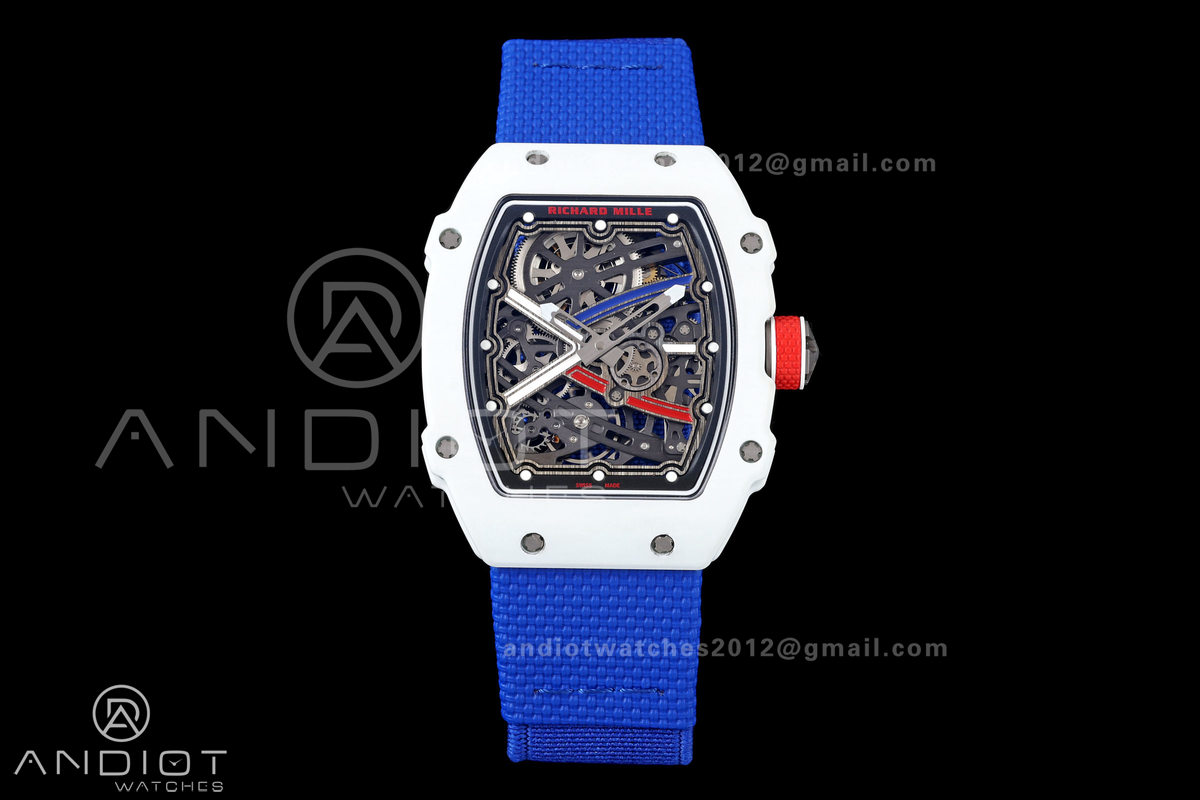 RICH Maker's 1:1 RM67-02 White NTPT France Blue/Red/White Skeleton Dial CRMA7 Super Clone Pro V2